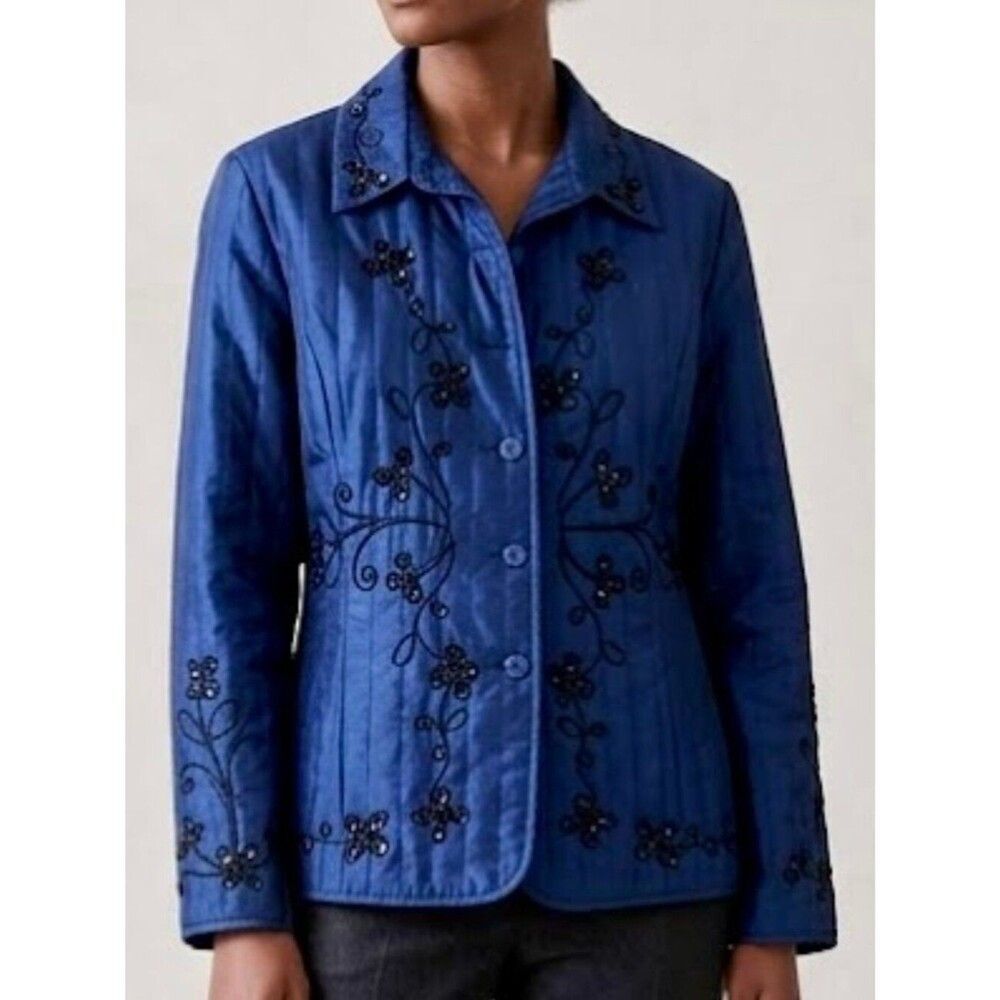 Vintage Carole Little Silk Quilted Beaded Embroidered Jacket Slate Blue Womens L